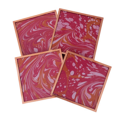 Marbled Paper Glass and Copper Coasters - Set of 4 Red Tangerine Pink Stone