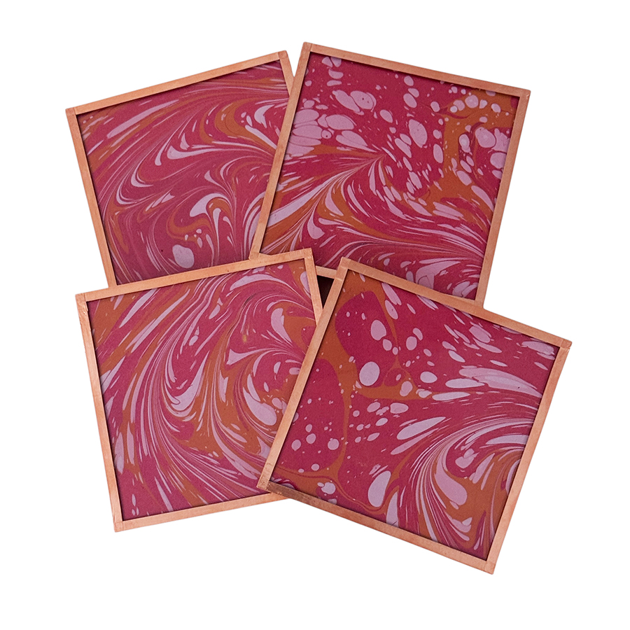Marbled Paper Glass and Copper Coasters - Set of 4 Red Tangerine Pink Stone