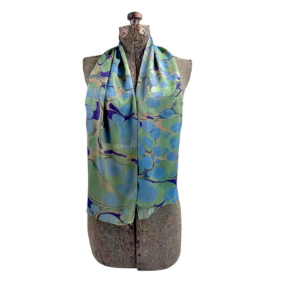 Marbled Silk Scarf - Sage Cerulean Eggplant Stone