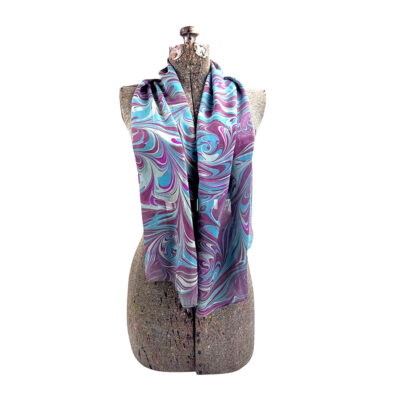 Marbled Silk Scarf - Sky Blue Deep Rose Swirls