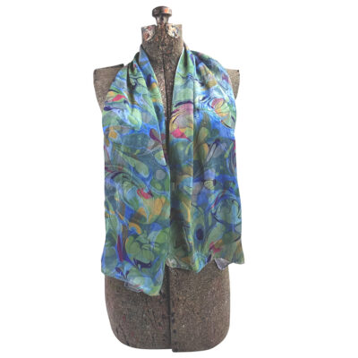 Marbled Silk Scarf - Sky Blue Ochre Lilac Sage Swirls