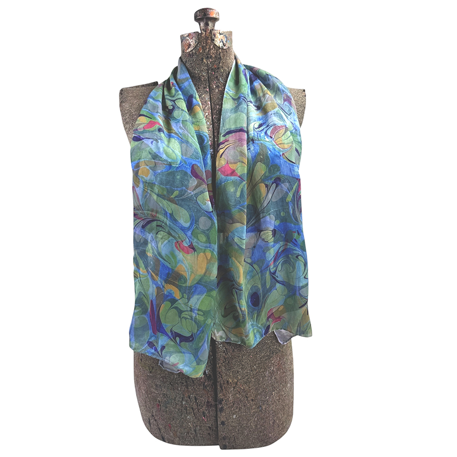 Marbled Silk Scarf - Sky Blue Ochre Lilac Sage Swirls