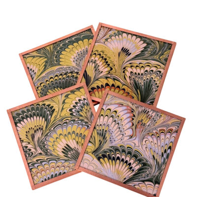 Marbled Paper Glass and Copper Coasters - Set of 4 Spruce Gold Pink Coral