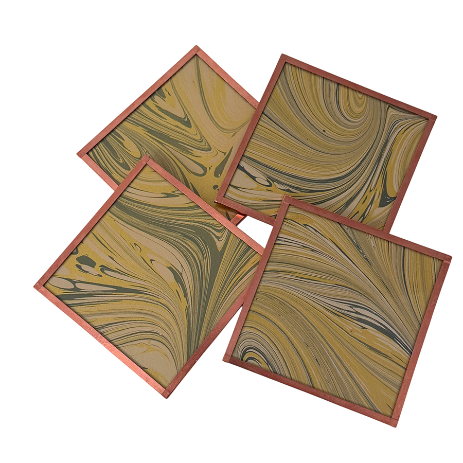 Marbled Paper Glass and Copper Coasters - Set of 4 Spruce Gold White Swirls